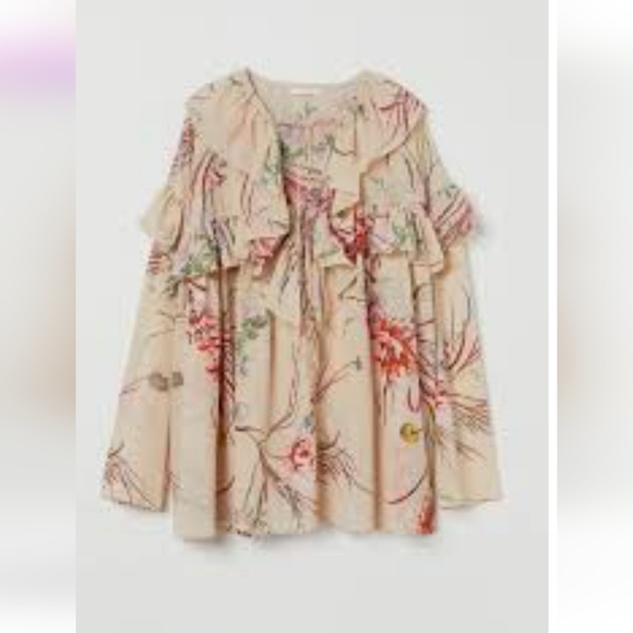H&M Floral Flounce Ruffle Tiered Blouse Cream Red Green Flowy Boho Top Size XS - Picture 9 of 10
